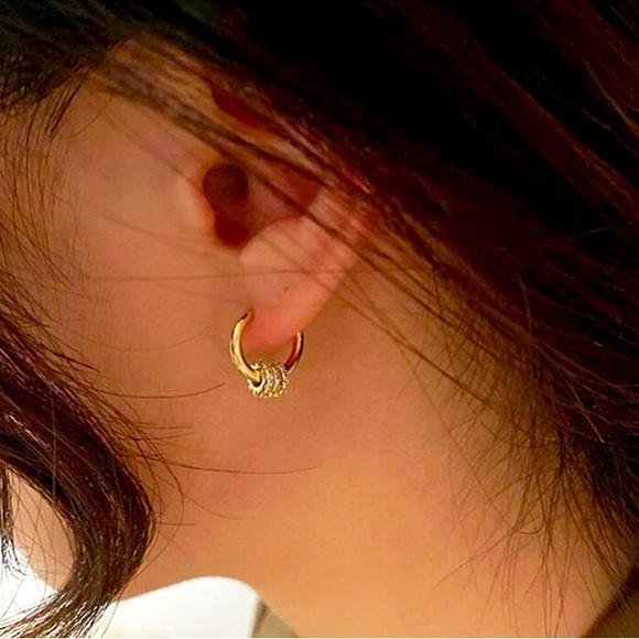 Ultra Delicate Tiny Gold & Rhinestone Detail Huggie Hoops - Picture 3 of 6